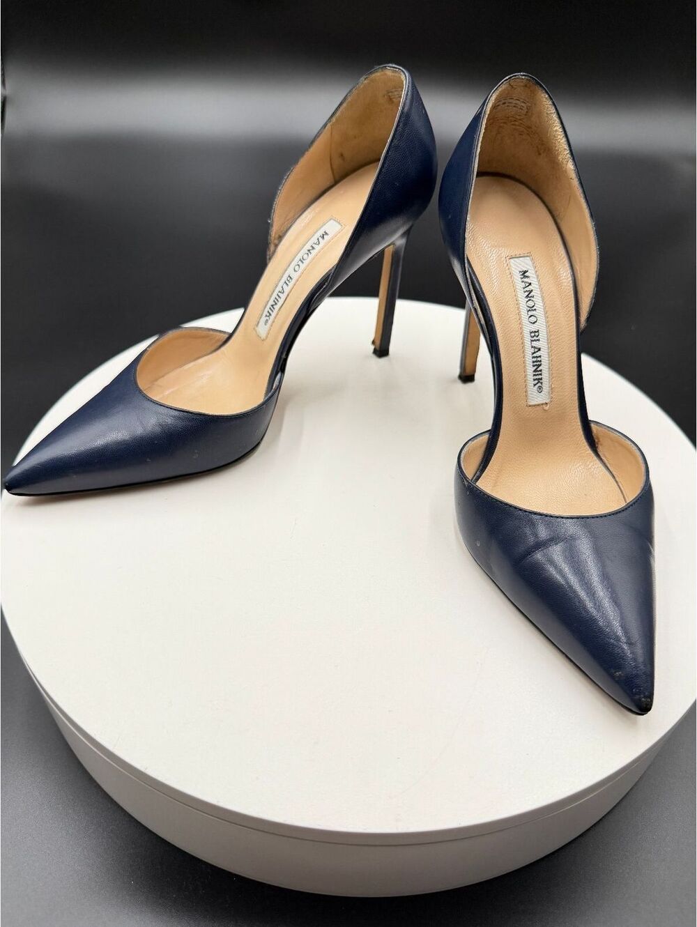 Manolo Blahnik Tayler Navy Blue Leather D'Orsay Pointed Toe Pumps Size 36